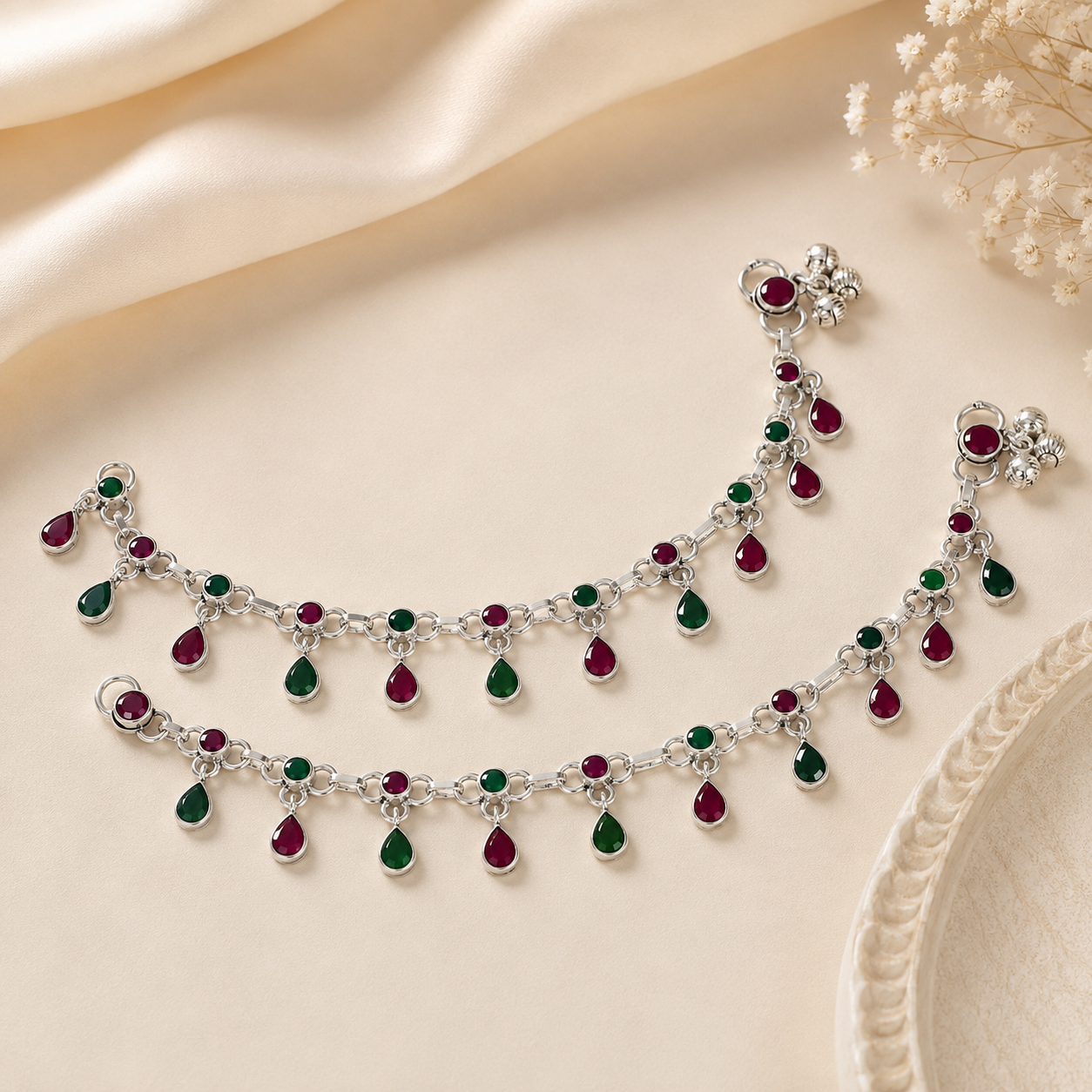 Rhea Color Drop Silver Anklets