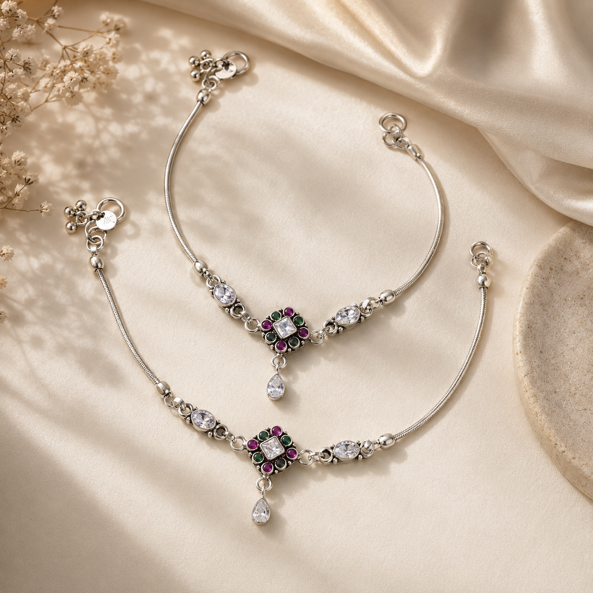 Vamika Floral Silver Anklets