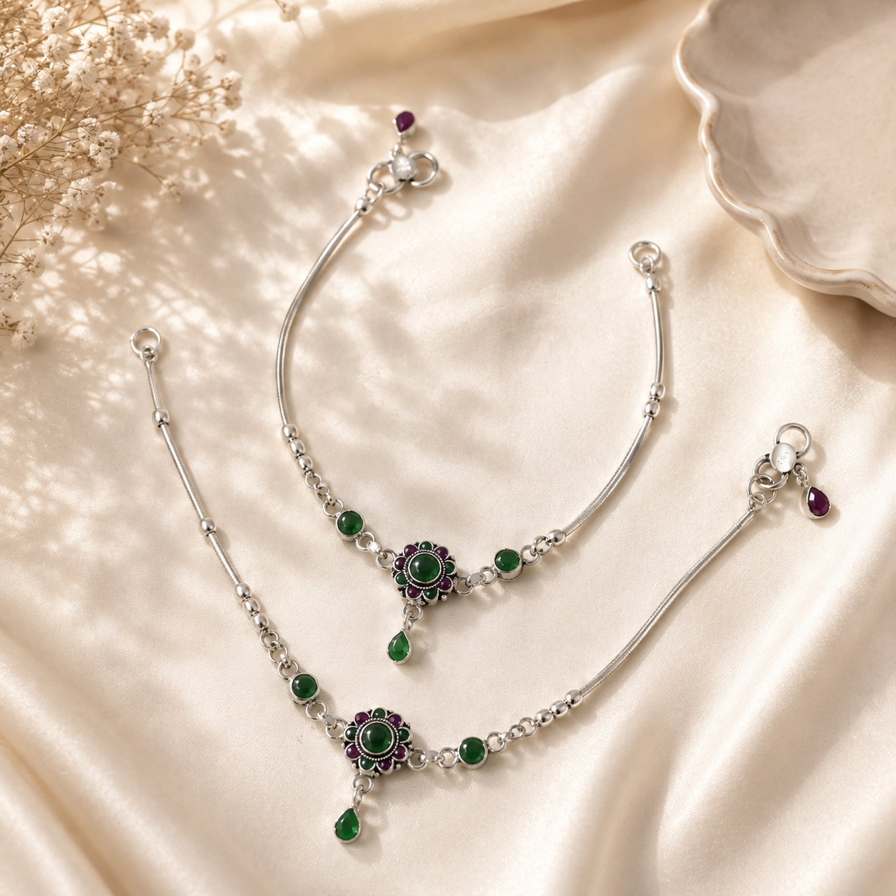Trisha Green Drop Silver Anklets