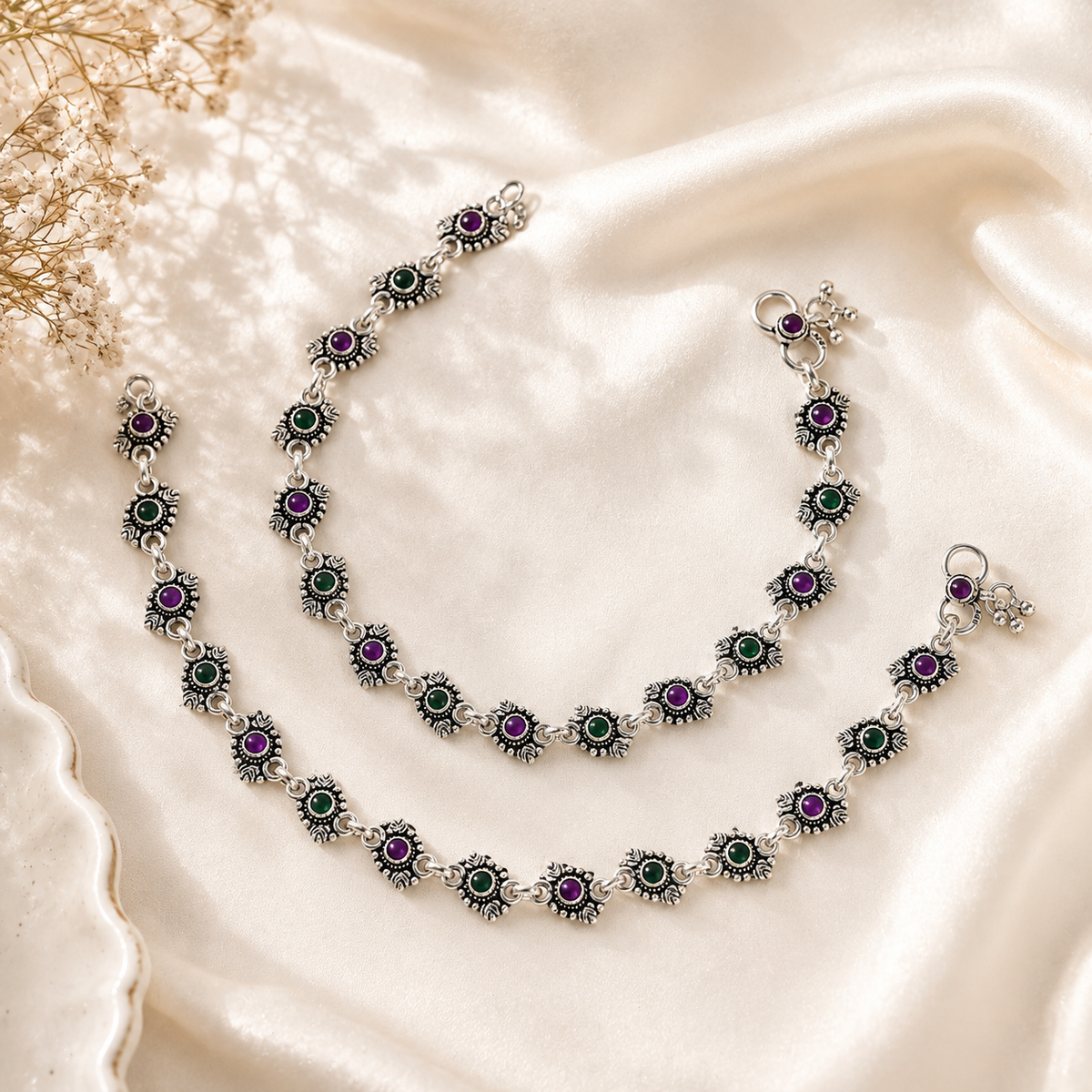 Aarvi Dual Gem Silver Anklets