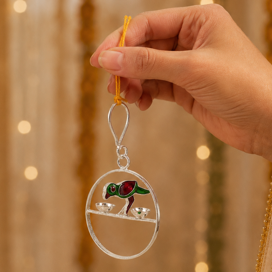 Rangoli Parrot Silver  Diya Hanging