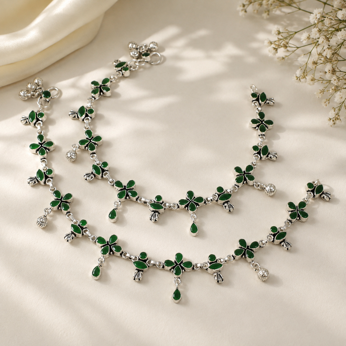 Niyara Green Blossom Silver Anklets