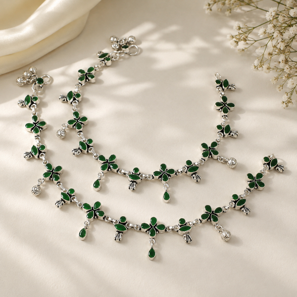 Niyara Green Blossom Silver Anklets