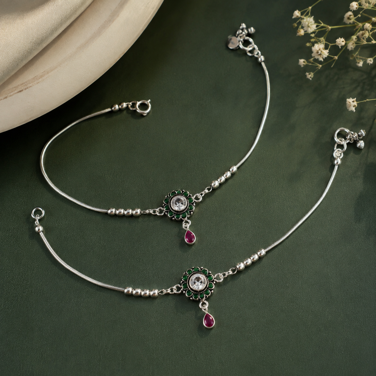 Ishani Floral Drop Silver Anklets