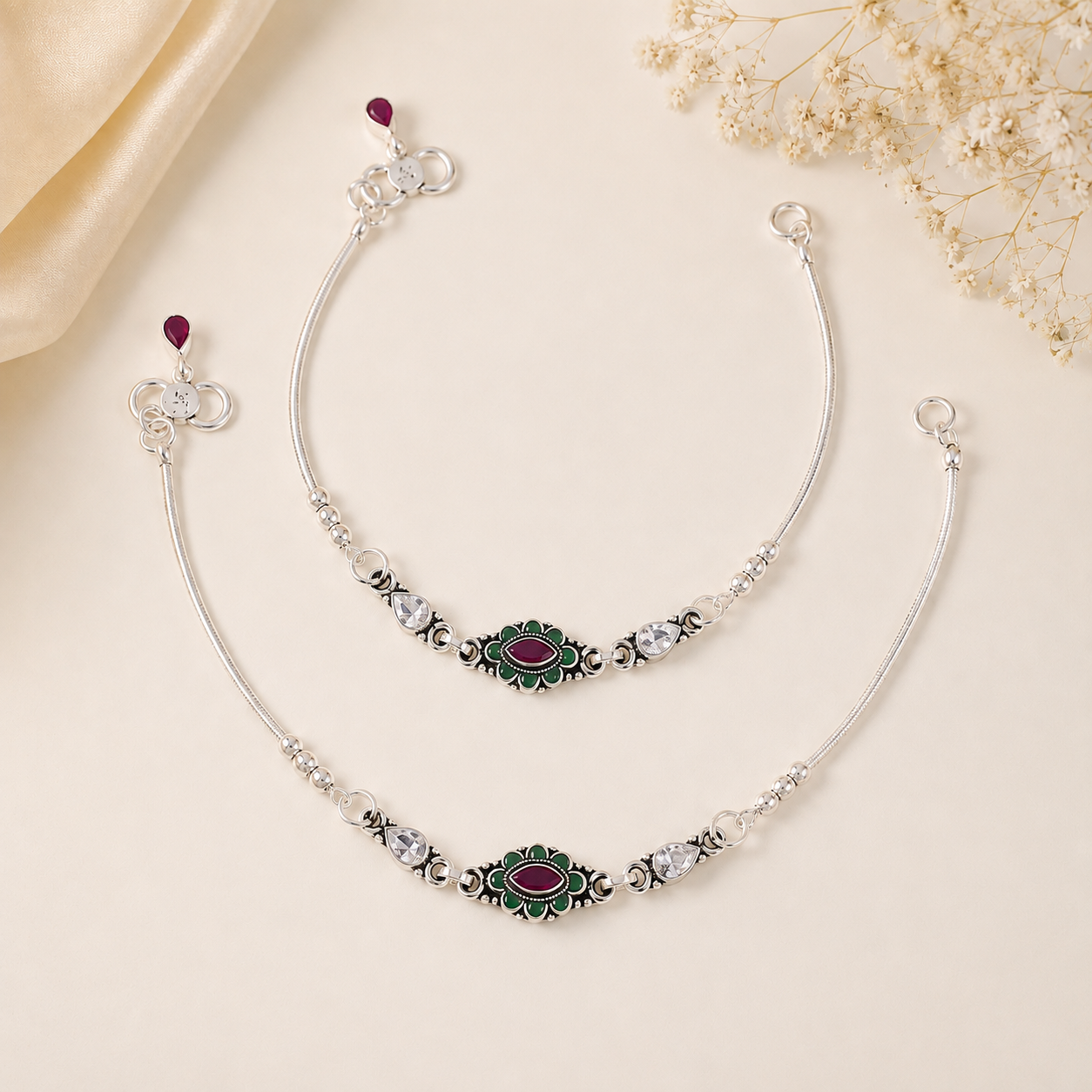 Zoya Meenakari Floral Silver Anklets