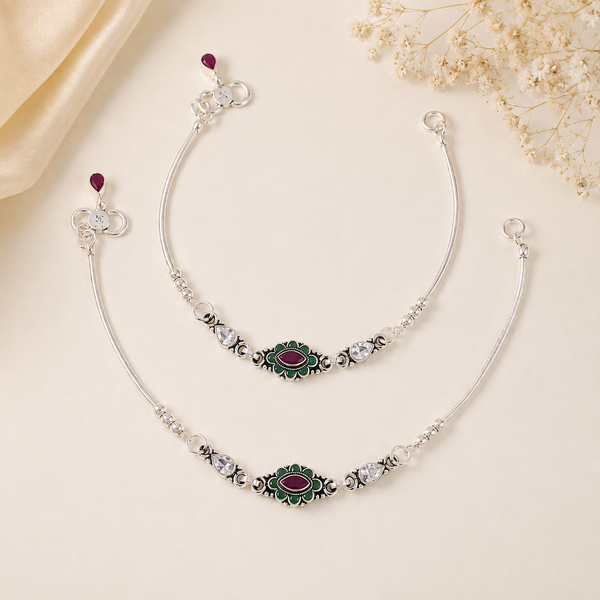 Zoya Meenakari Floral Silver Anklets