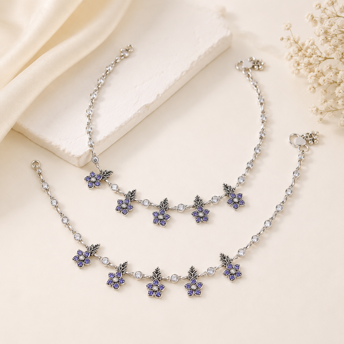 Tavisha Purple Blossom Drop Silver Anklets
