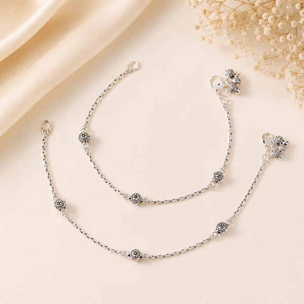 Antique Floral Bead Silver Anklets
