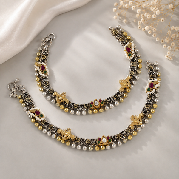 Yashvi Rangoli Pearl Silver Anklets