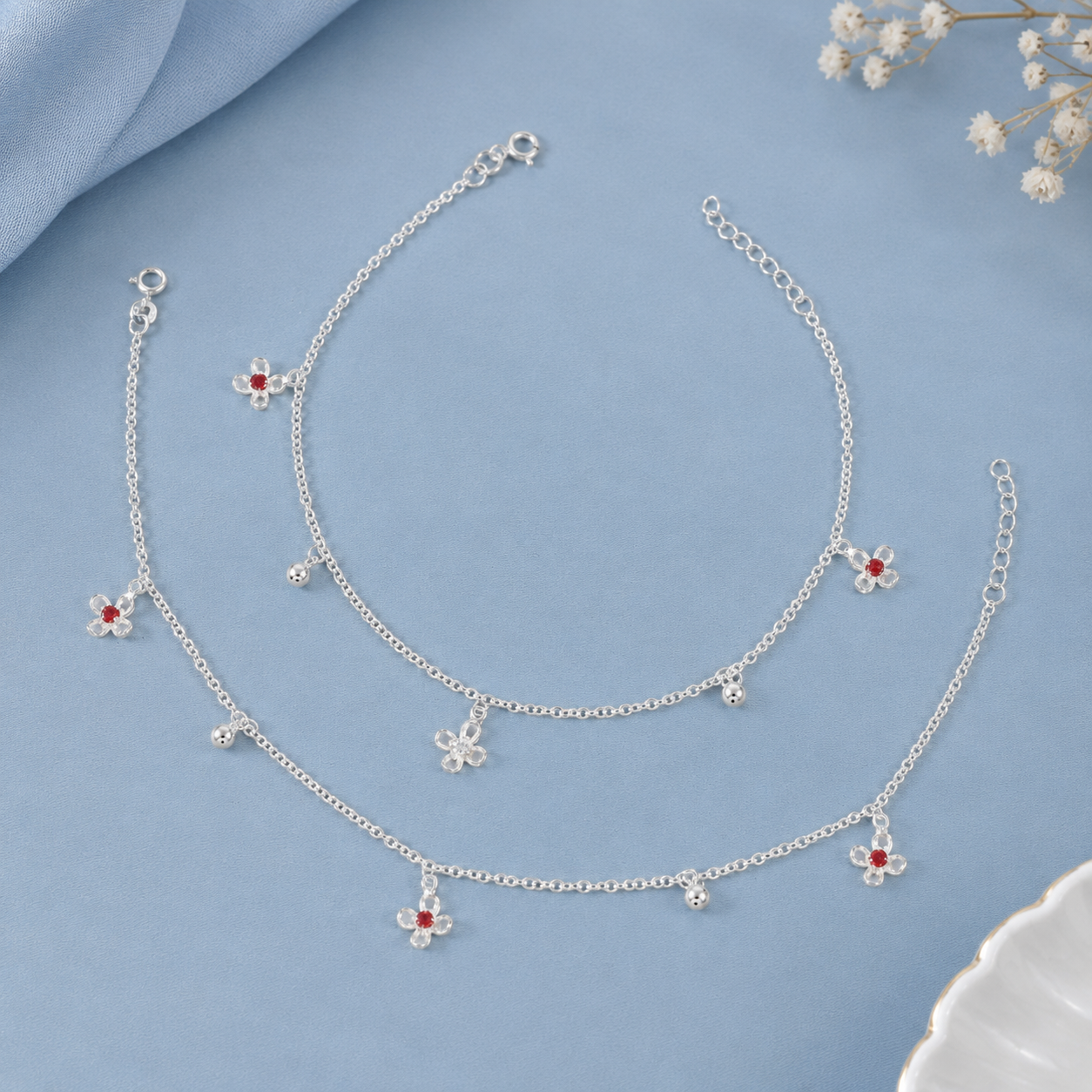 Navya Floral Silver Anklets