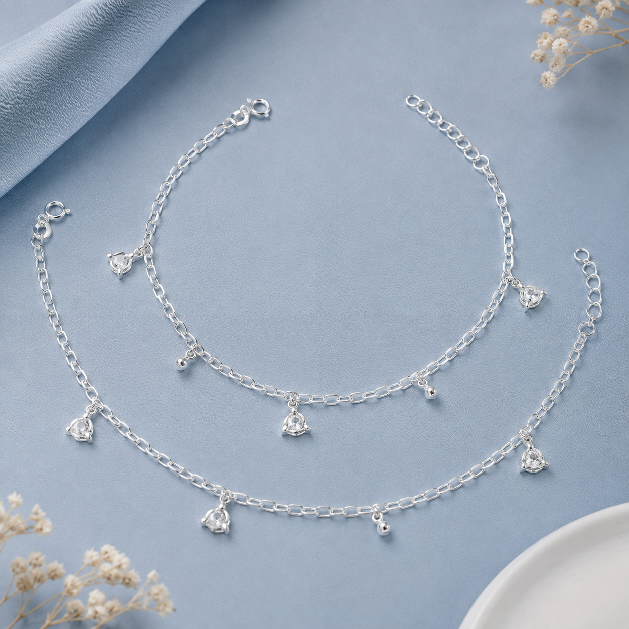 Diya Crystal Drop Silver Anklets