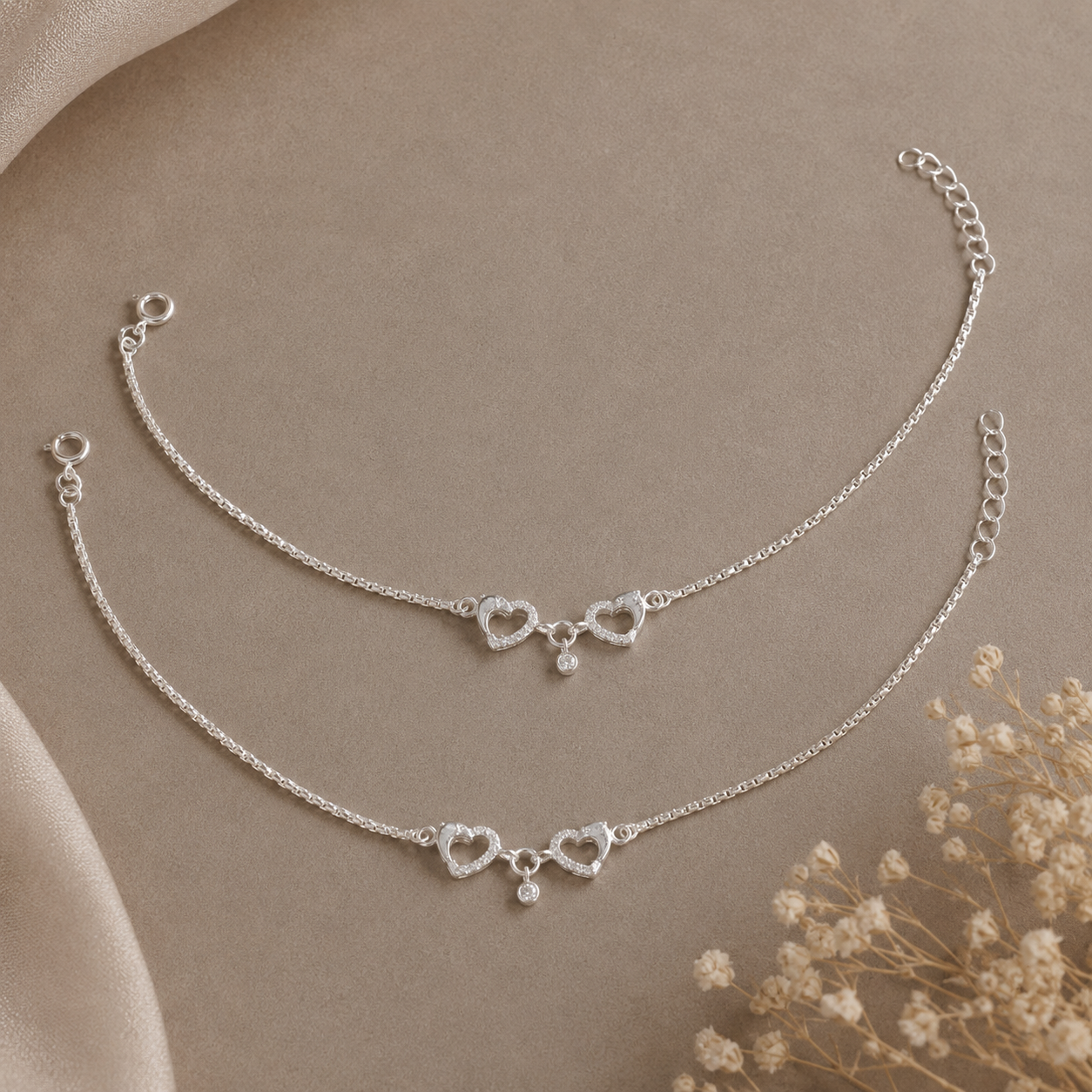 Seema Heart Duo Silver Anklets