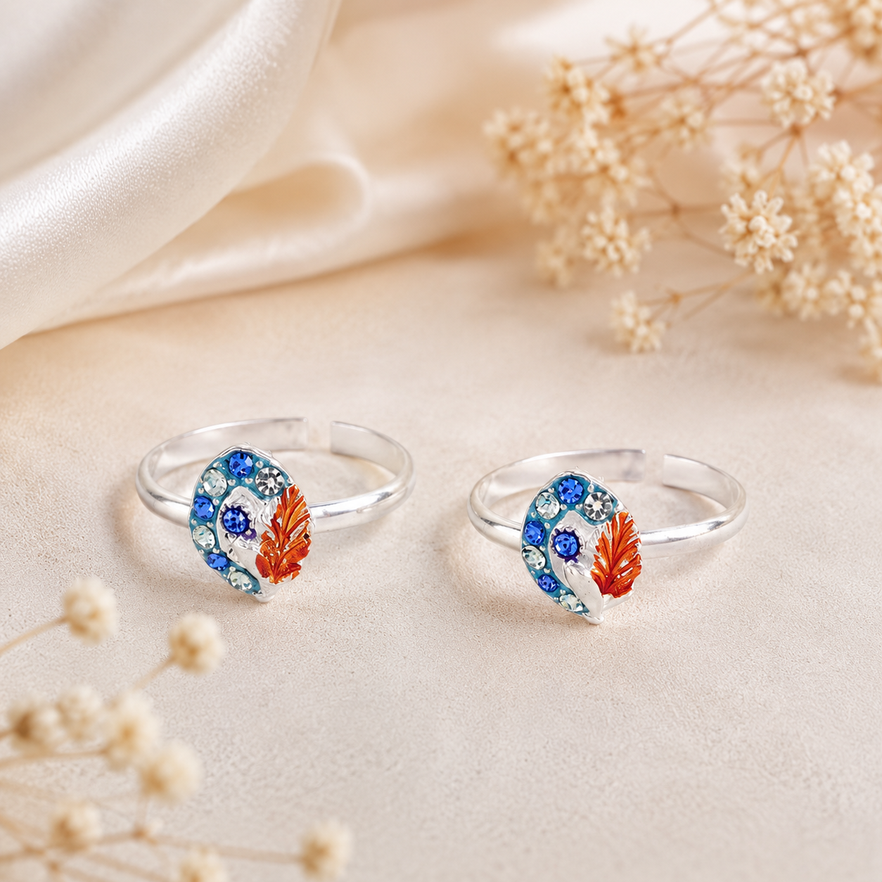 Anaya Mystic Blue Feather Silver Toe Rings