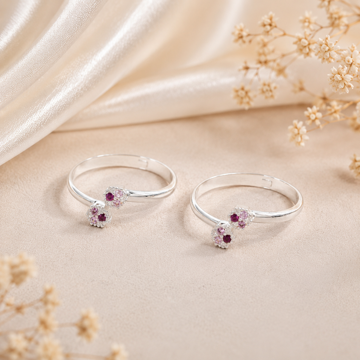 Ishani  Pink Blossom Silver Toe Rings