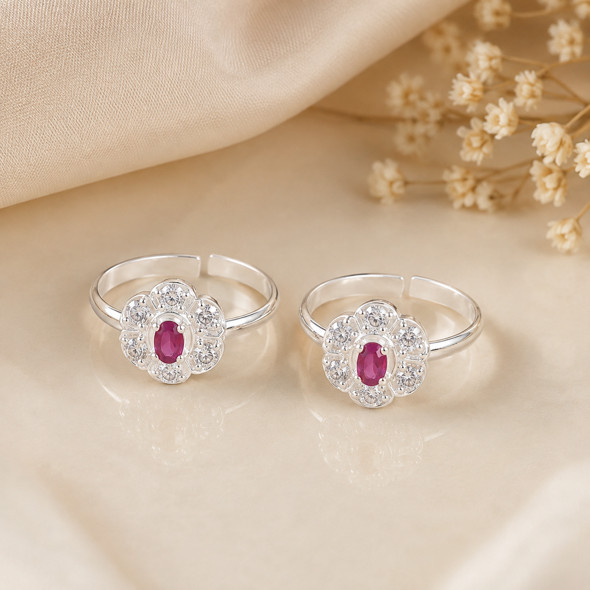 Lavanya Pink Floral Silver Toe Rings