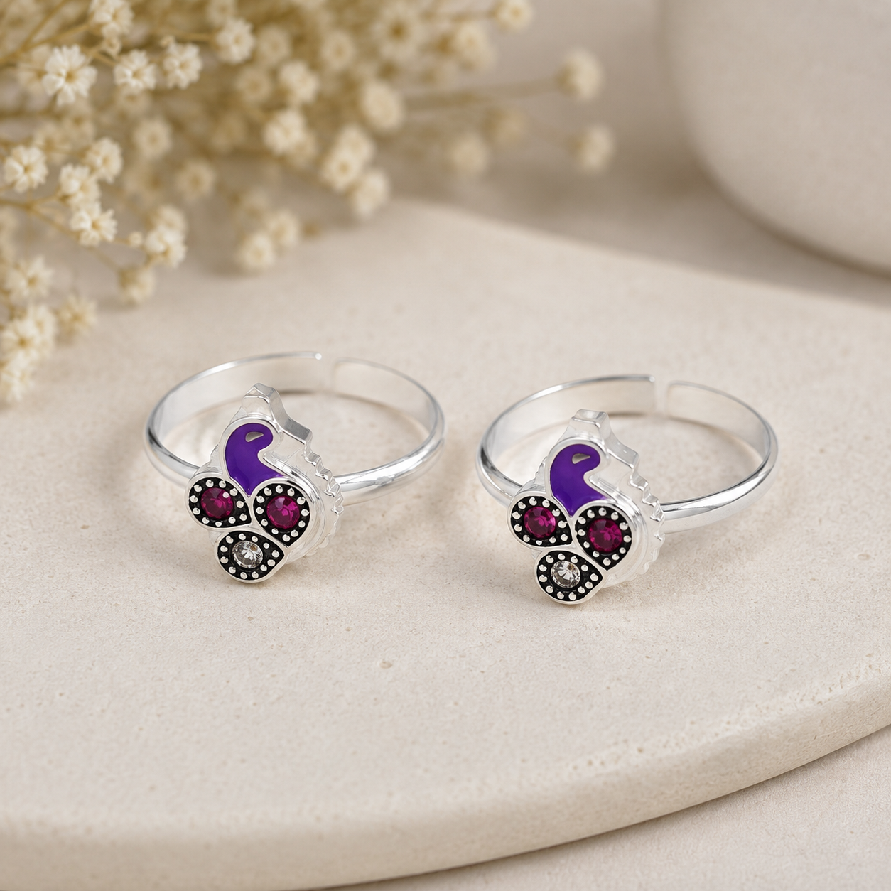 Purple Peacock Silver Toe Rings