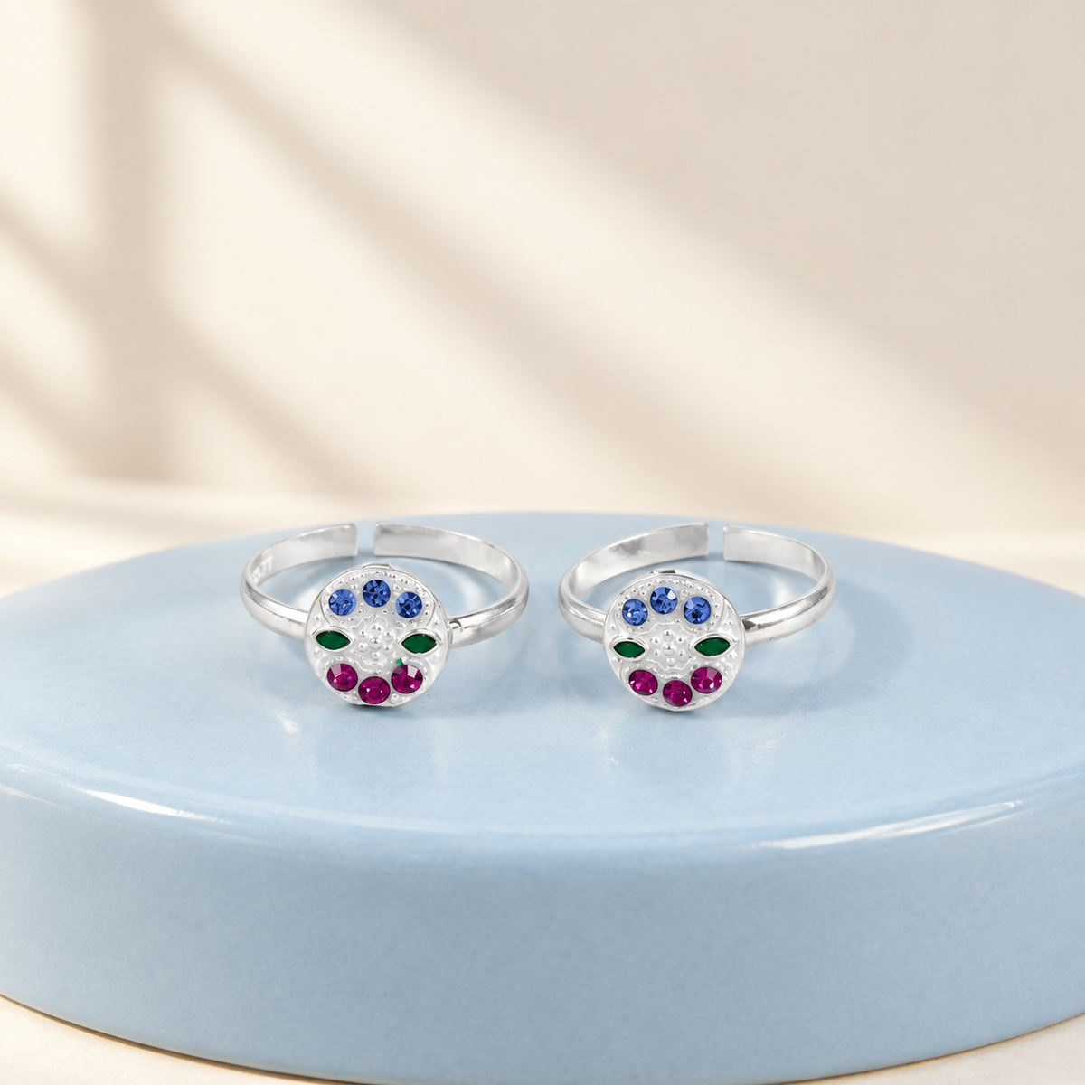Nitya Tricolour Floral Silver Toe Rings