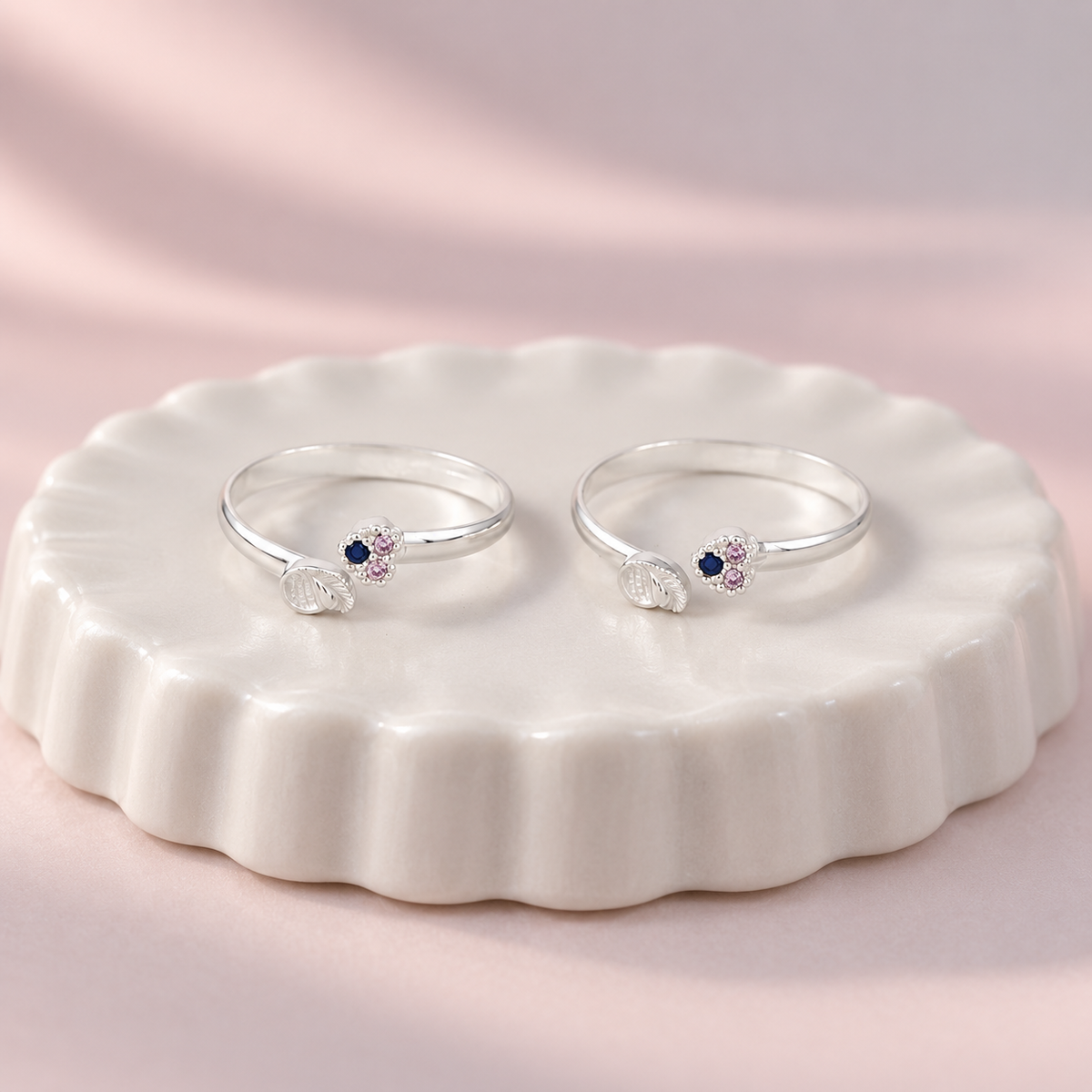 Diya Blue Floral Silver Toe Rings