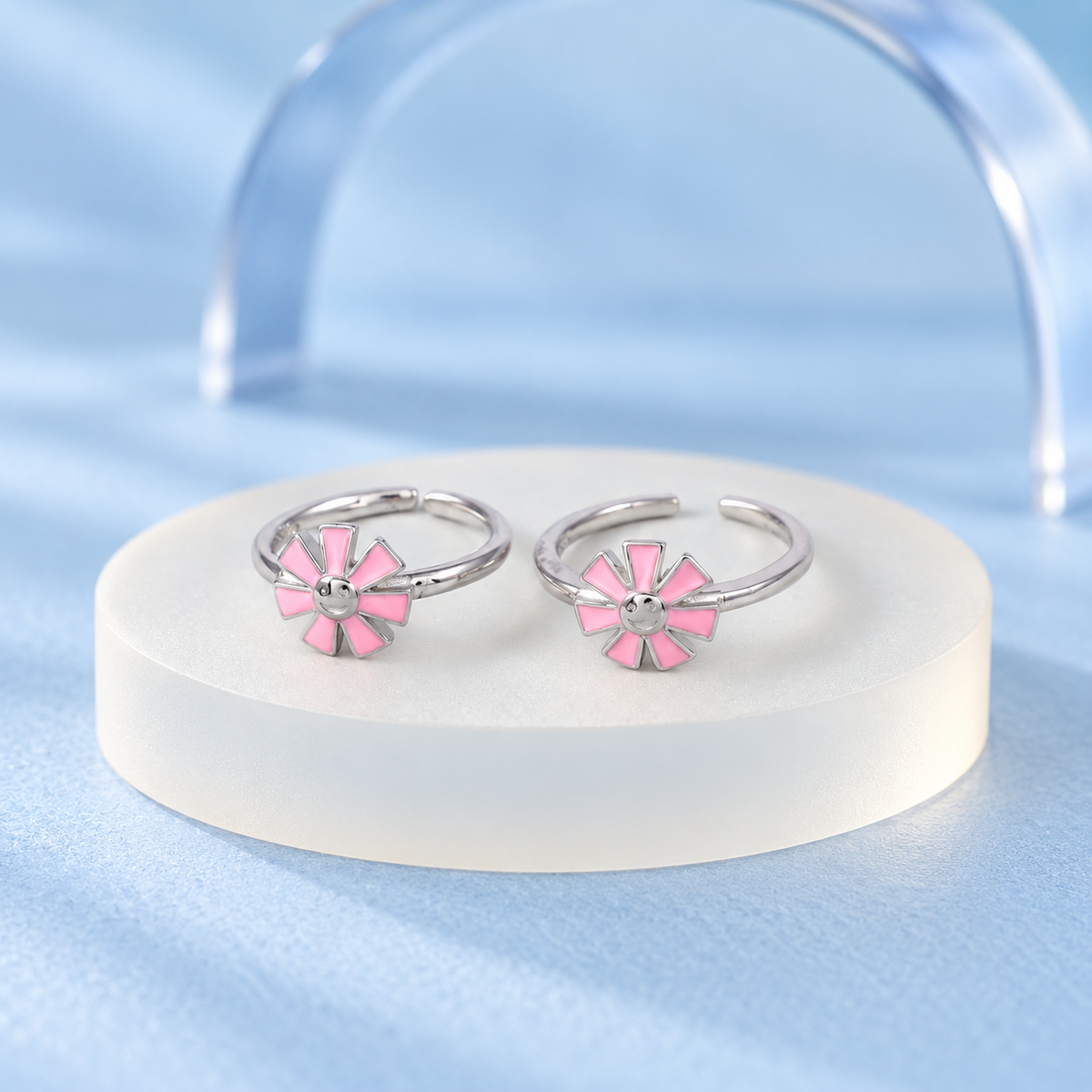 Pink Daisy Silver Toe Rings