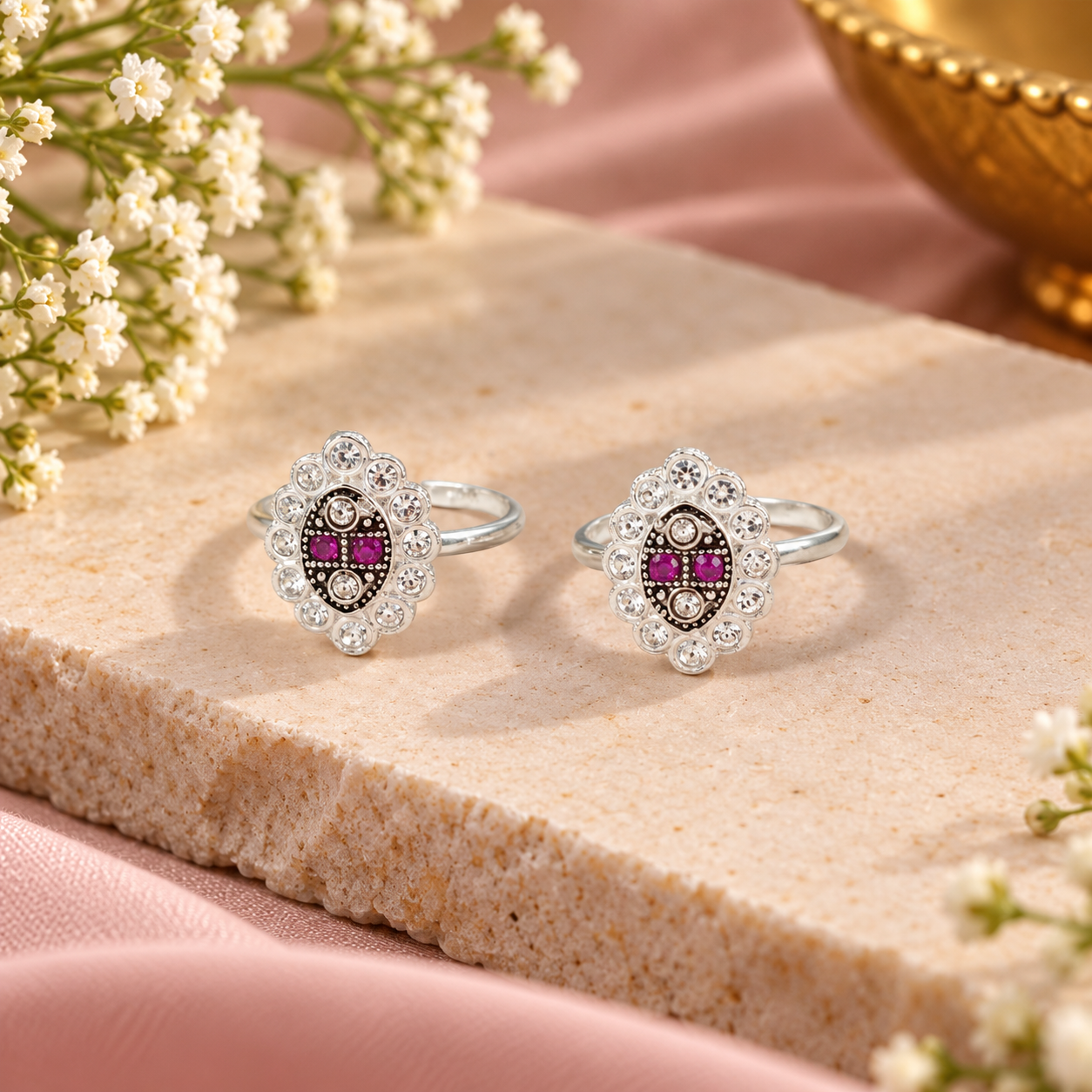 Pink Stone Maharani Silver Toe Rings