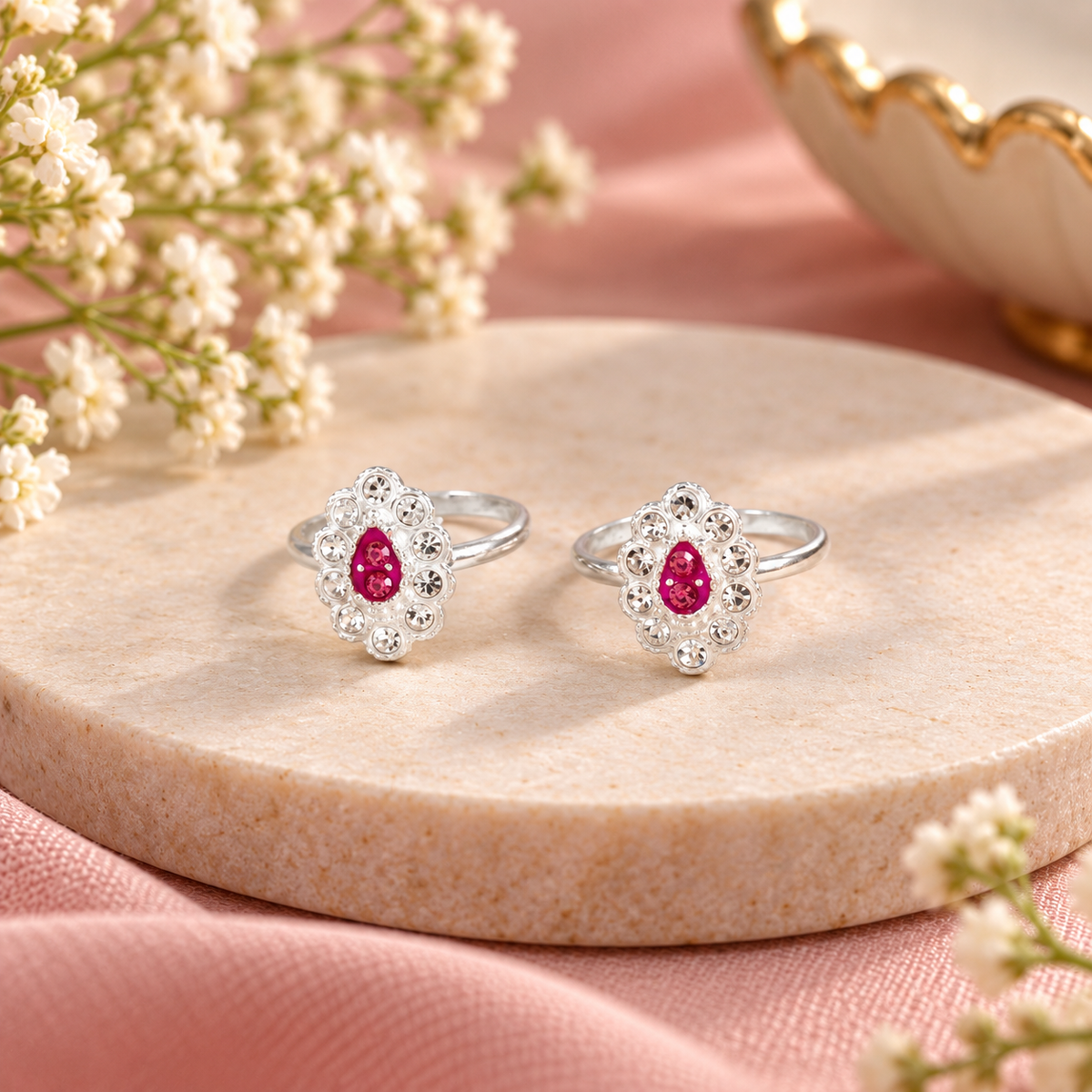Elegance Pink Dewdrop Silver Toe Rings