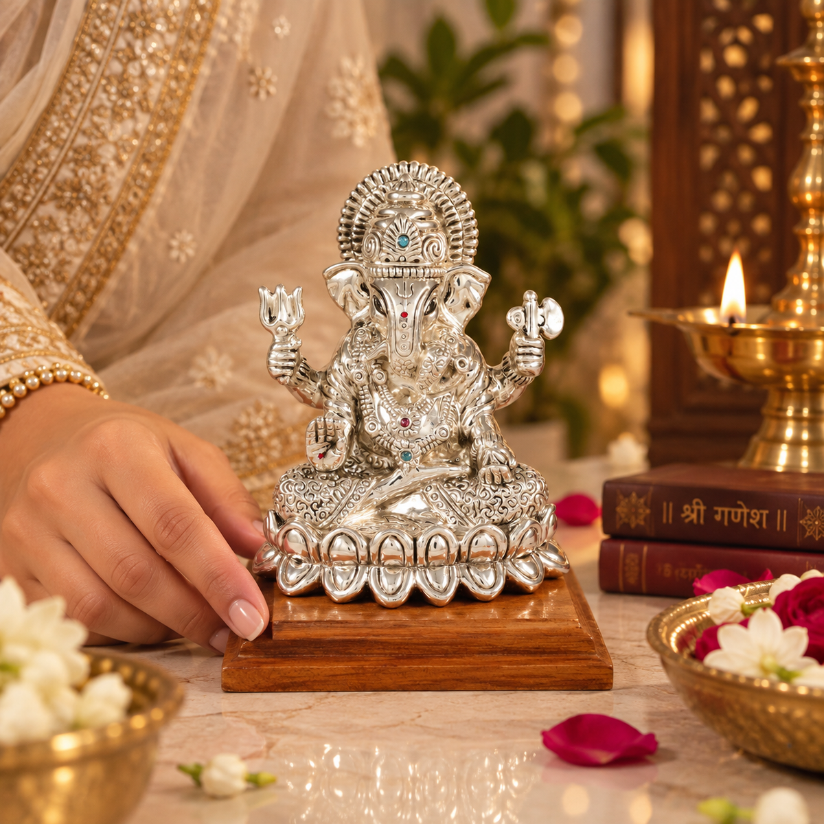 Kamalasana Trishul Ganapati Silver Idol