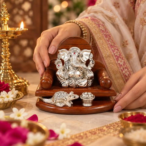 Rajsinghasan Mushakraj Ganesha Silver Idol