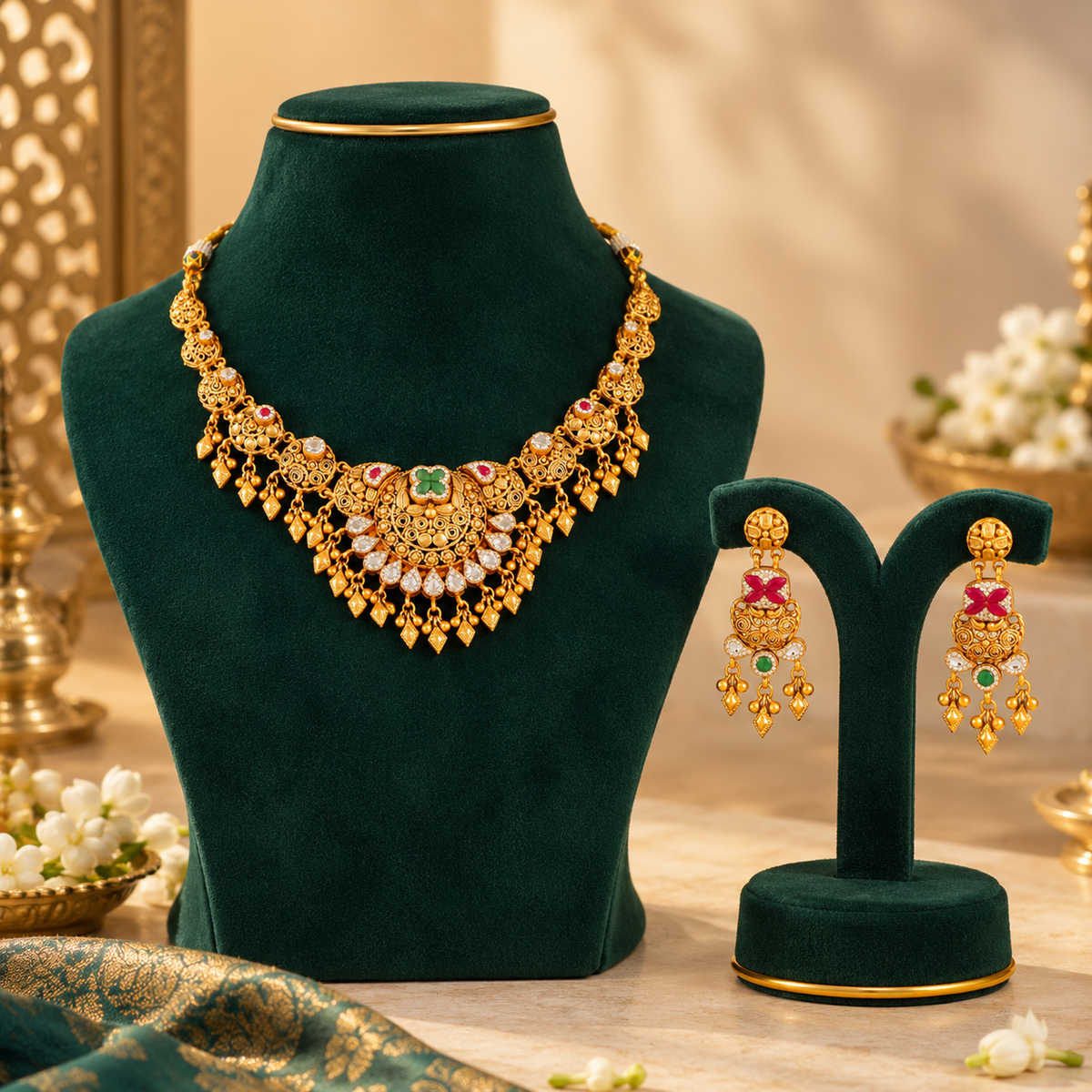 Rajsi Emerald Heritage Silver Necklace Set