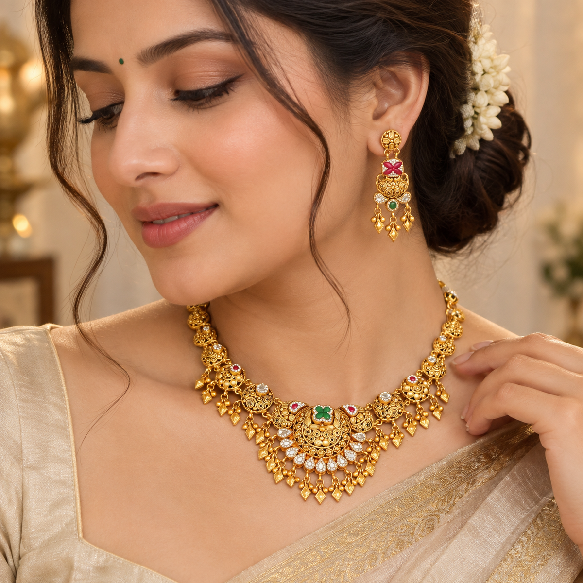 Rajsi Emerald Heritage Silver Necklace Set
