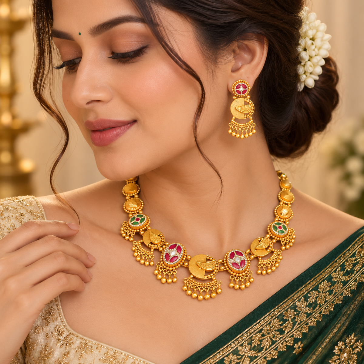Kavira Peacock Meenakari Silver Necklace Set