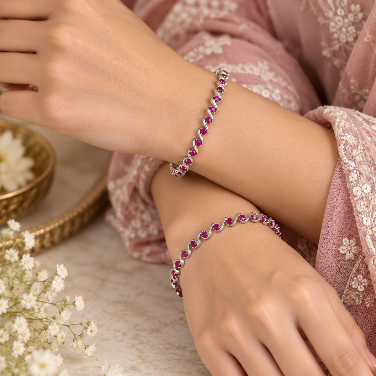 Avika Wavy Ruby Silver Bangles