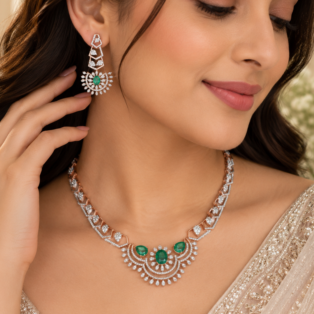 Divya Emerald Grace Diamond Necklace Set