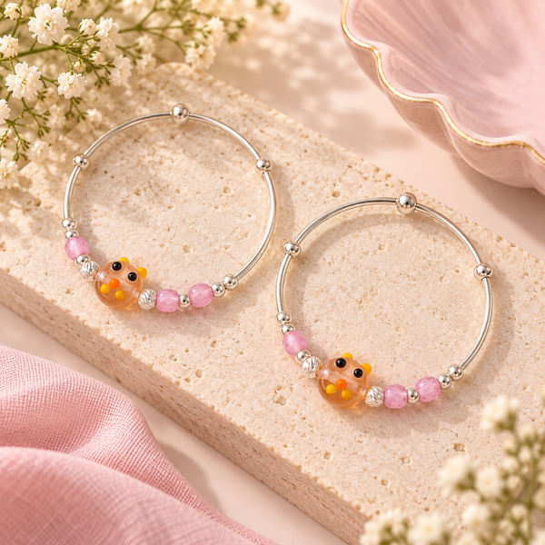 Pink Teddy Charm Silver Baby Bangles