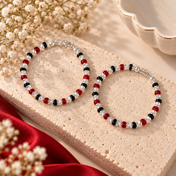 Crimson Black Beaded Silver Baby Bangles