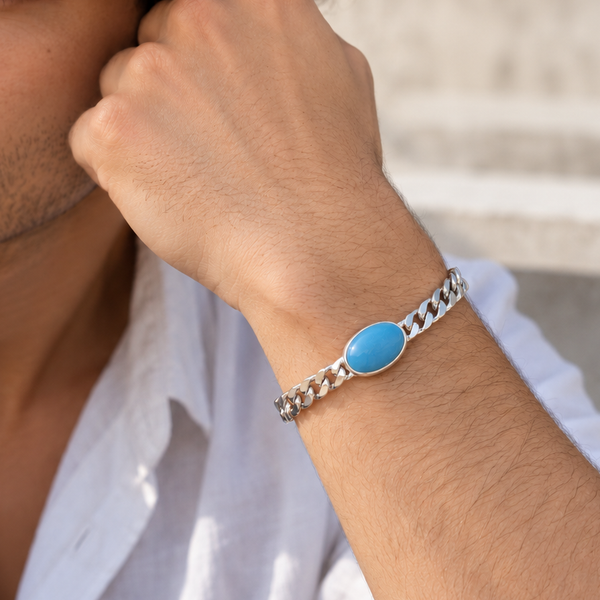 Ocean Blue Curb Silver Bracelet For Him
