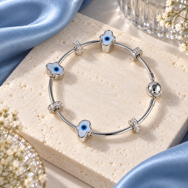 Floral Evil Eye Silver Bangle