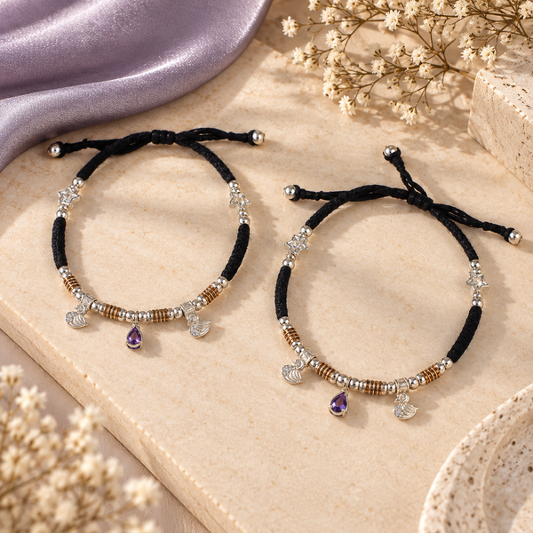 Mystic Amethyst Charm Silver Anklets