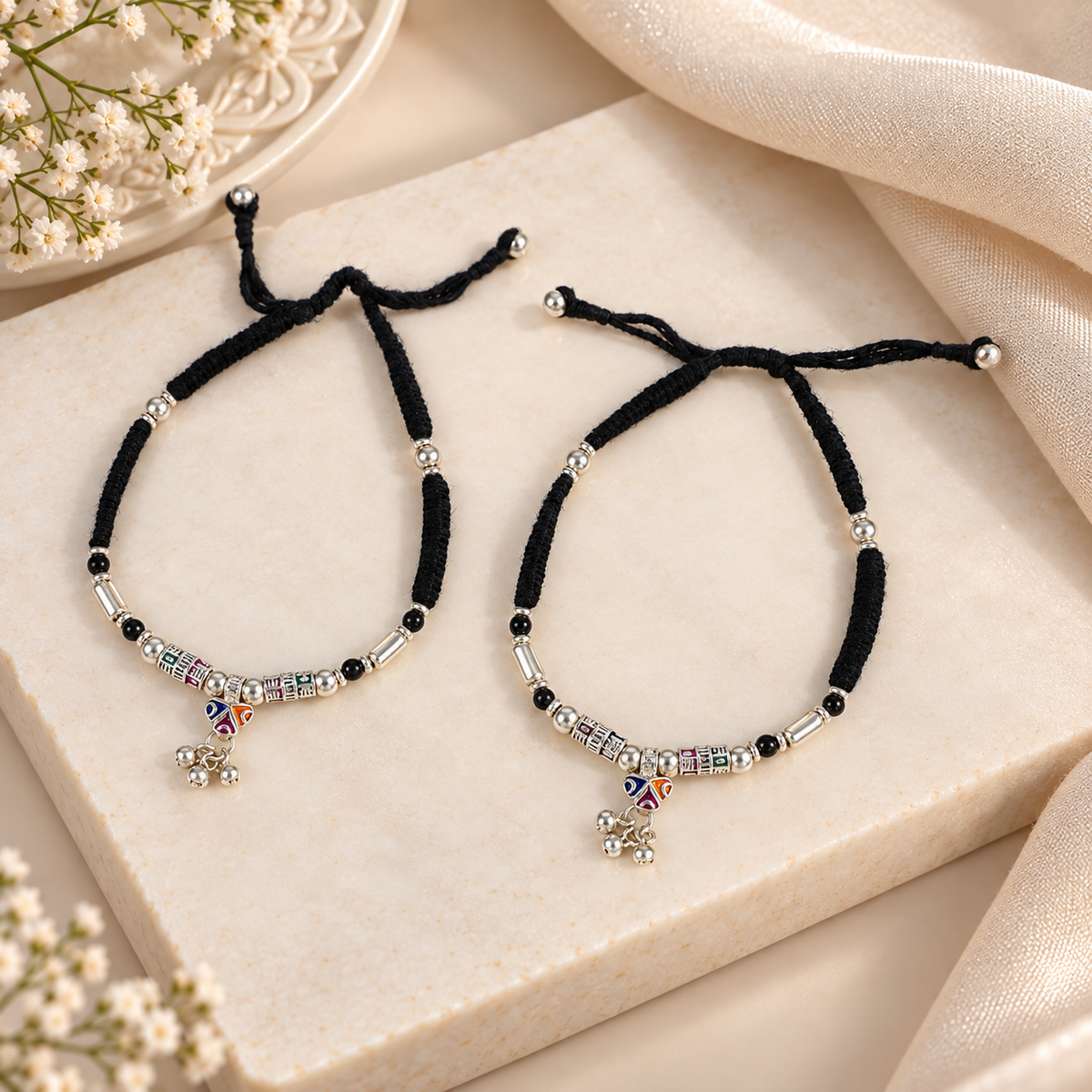 Chhavi Festive Ghungroo Black Silver  Anklets
