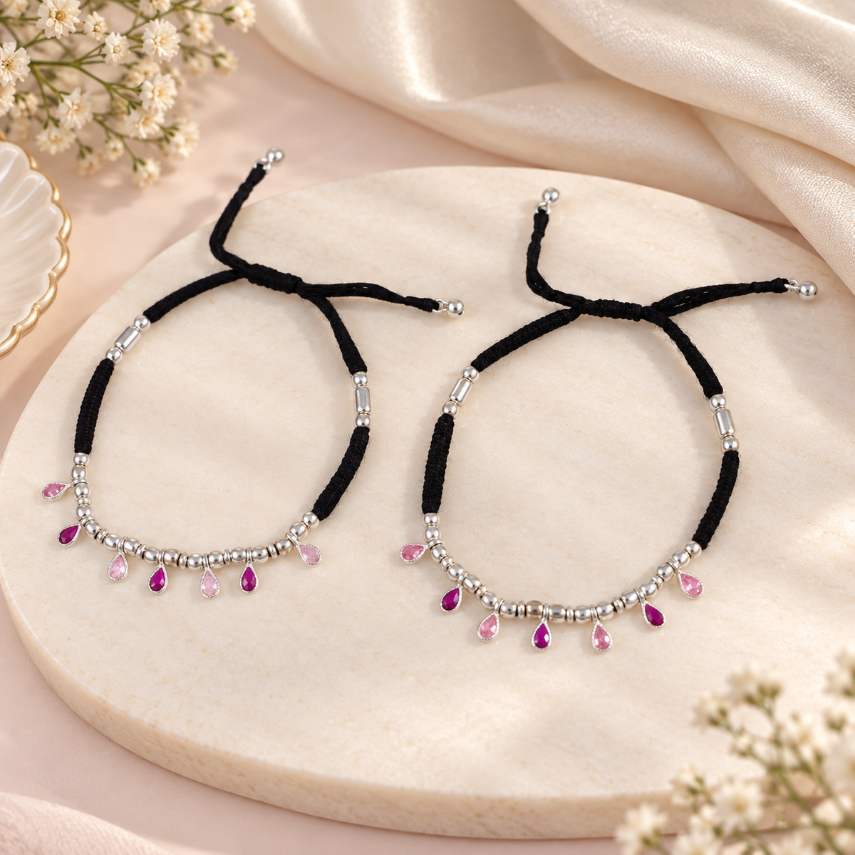 Gayatri Blushing Teardrop Silver Anklets