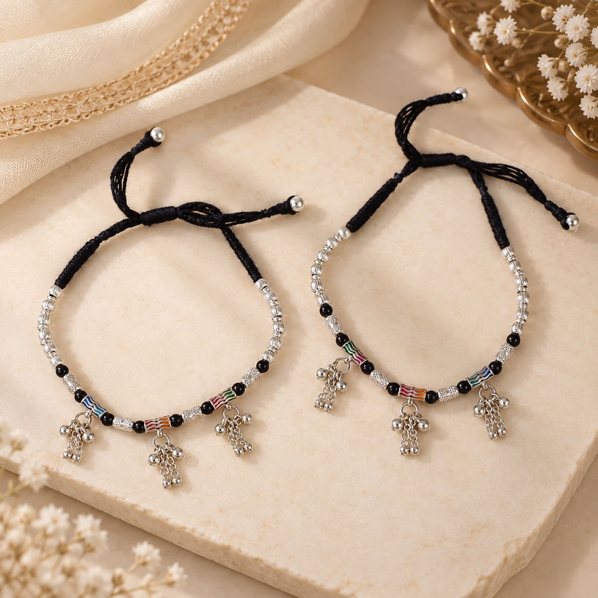 Manisha Colorful Tassel Silver Anklets