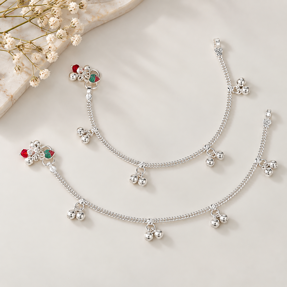 Strawberry Bell  Silver Anklets For Kids