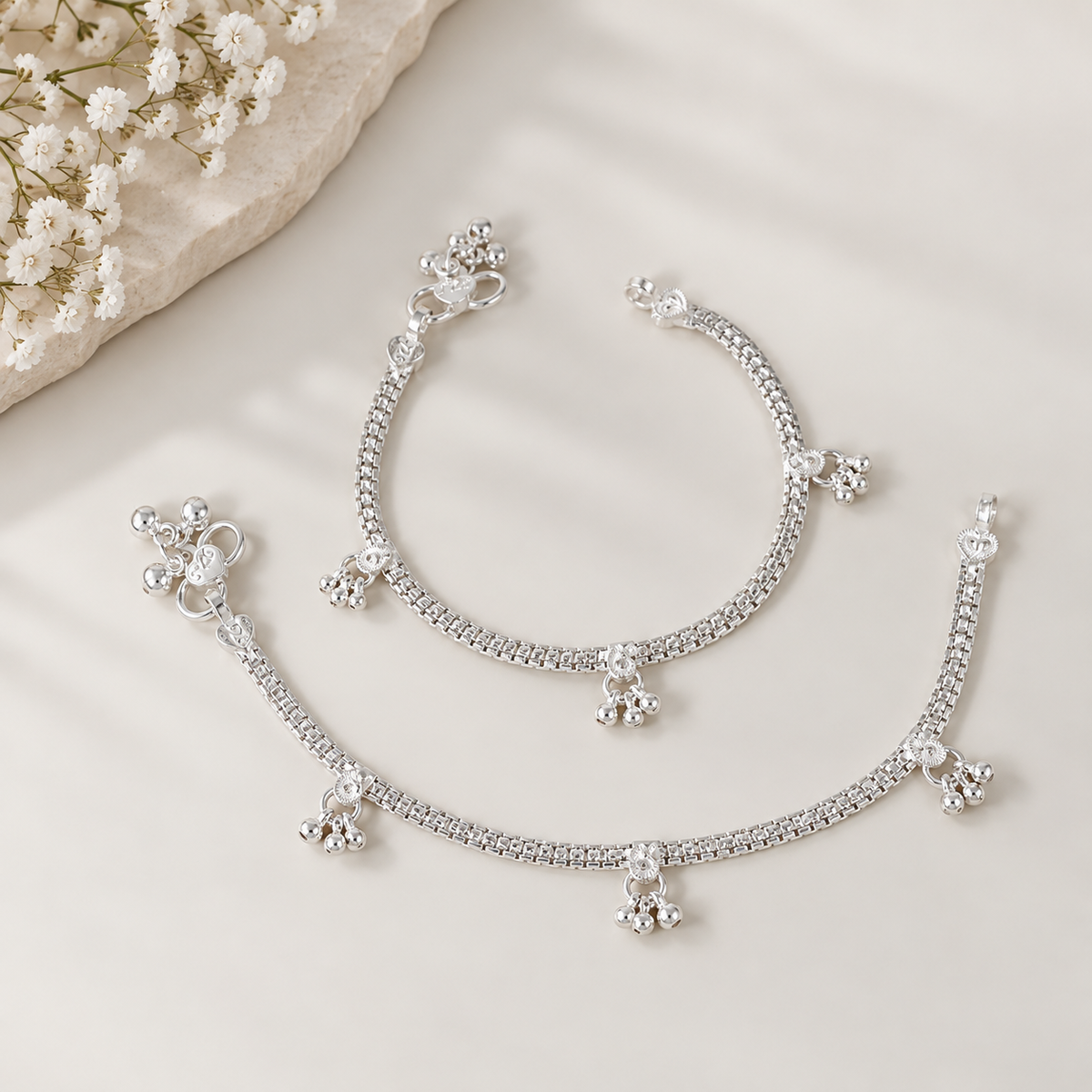 Triple Bell  Silver Anklets For Kids