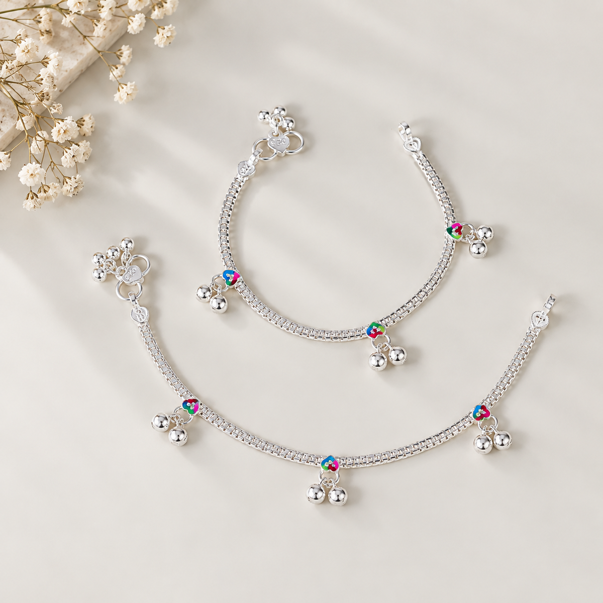 Colourful Heart Silver Baby Anklets