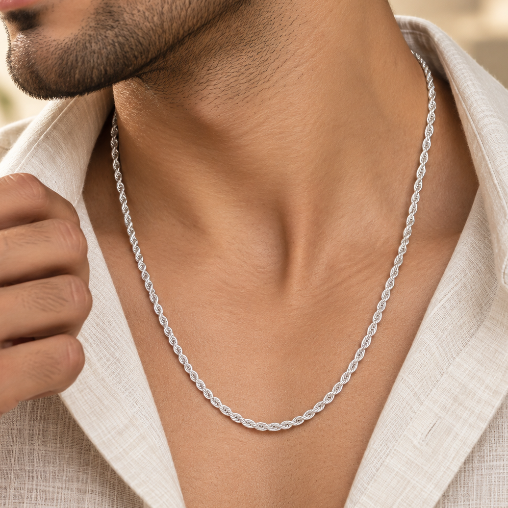 Ishaan  Braided Rope Silver Chain For Him