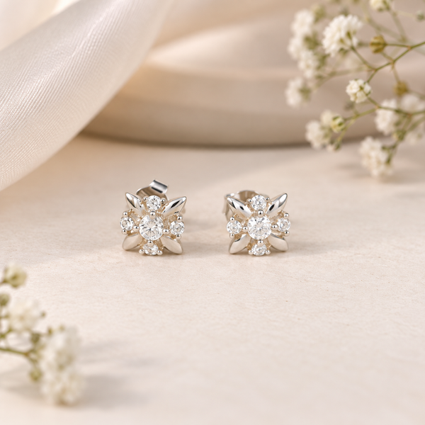 Jiya Crystal Blossom Studs Silver Earrings