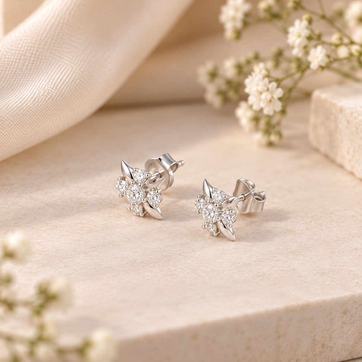 Jiya Crystal Blossom Studs Silver Earrings