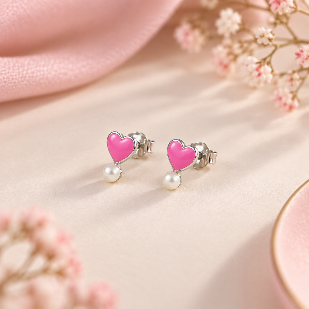 Ruhi Pink Pearl Heart Silver Earrings