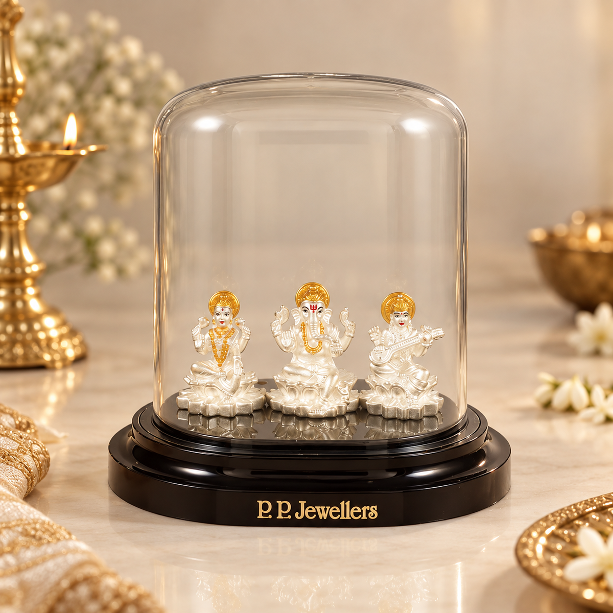 Divine Tridevi Ganesh Silver Idol