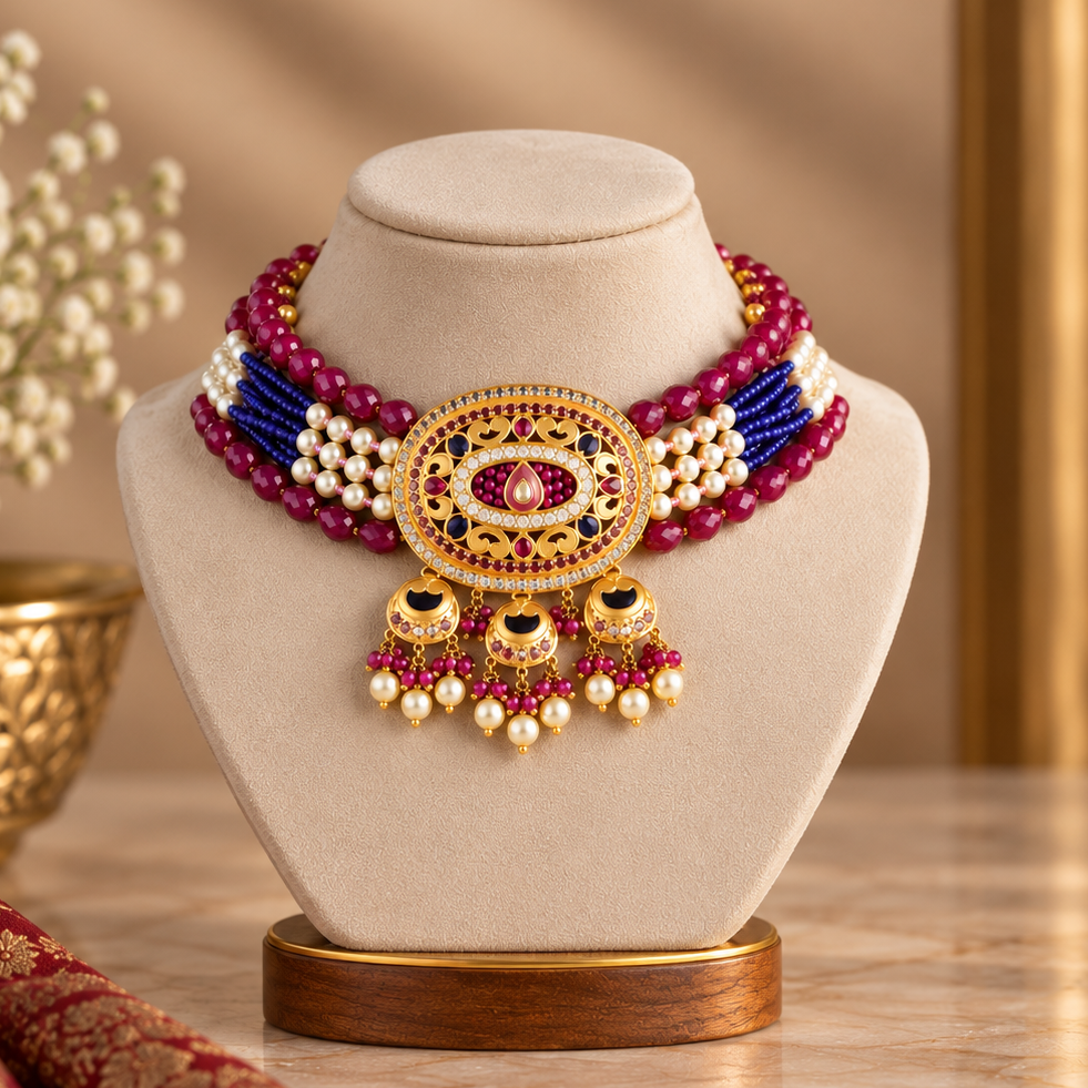 Yashi Royal Ruby Pearl Gold Choker Set