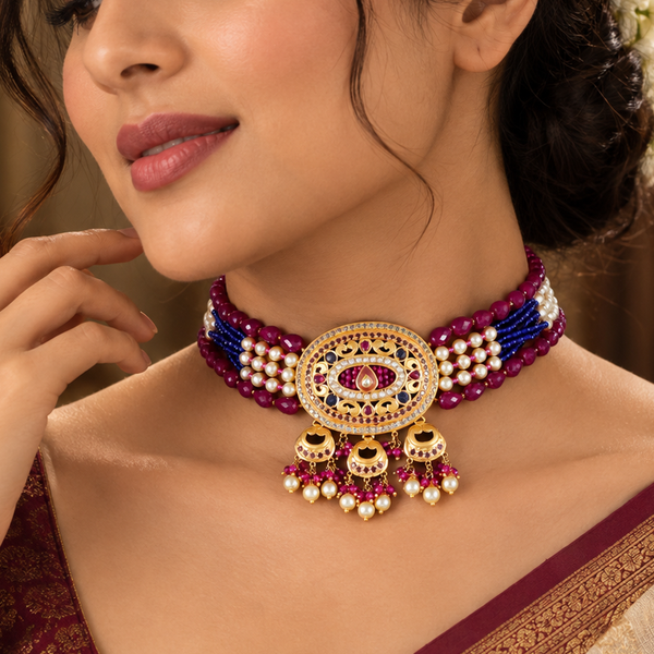 Yashi Royal Ruby Pearl Gold Choker Set